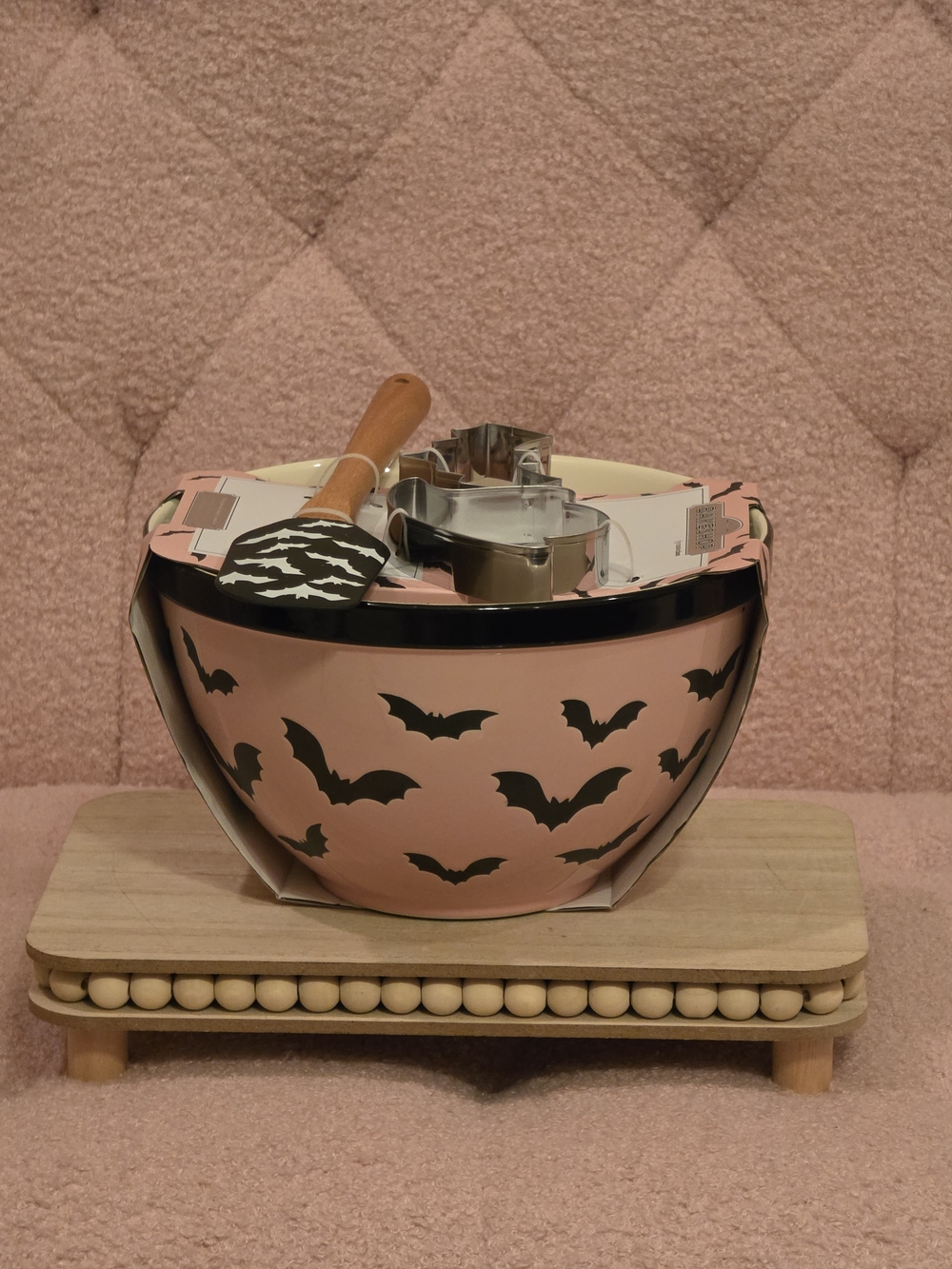 The Bakeshop Pink Bat-Print Mixing Bowl with Utensils